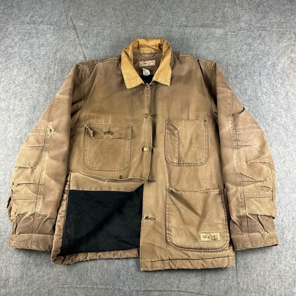 Canvas Barn Chore Jacket Quilt Lined Brown Work Thrash Distress Small OVERSIZED - Picture 1 of 16